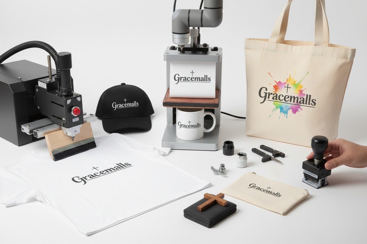 컵 티셔츠 모자 캔버스백 나무 십자가 파우치 등에 그레이스몰 로고 인쇄하는 동영상을 만들어줘